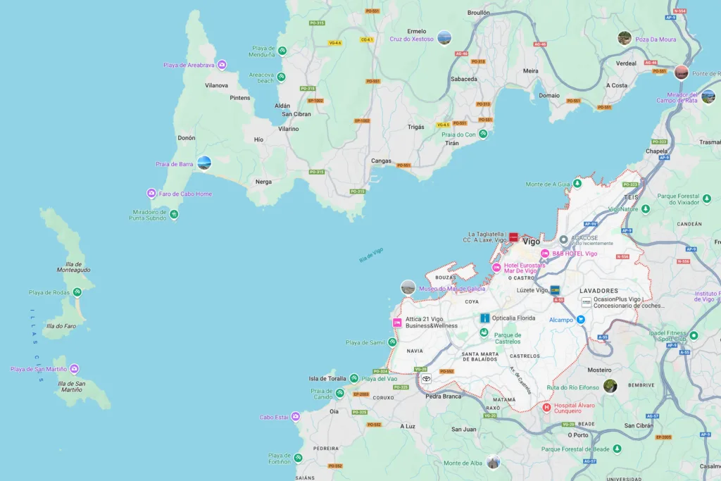 Mapa de Vigo que muestra la ría de Vigo y localidades cercanas como Cangas, usado como imagen destacada en la página de fotografía de eventos empresariales en Vigo.