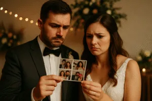 Pareja de novios decepcionada al ver una tira de fotos del fotomatón con errores de iluminación y encuadre, ilustrando los errores al contratar un fotomatón para bodas