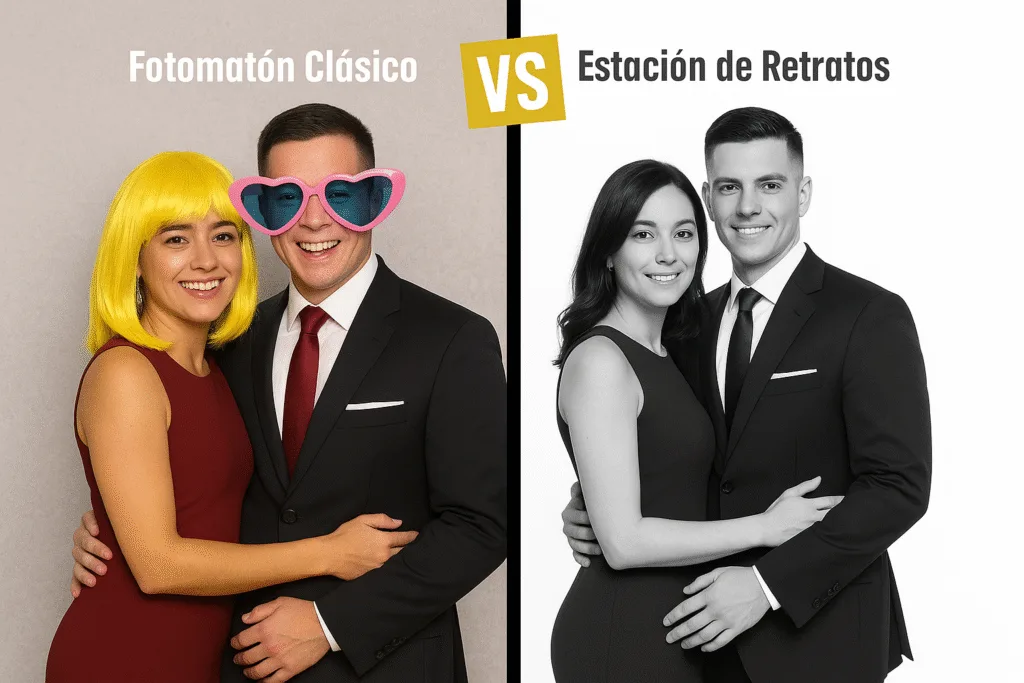 Side by side de una pareja en una boda: a la izquierda, posando en un fotomatón con pelucas y gafas gigantes; a la derecha, en la Estación de Retratos con una fotografía más elegante y atemporal.