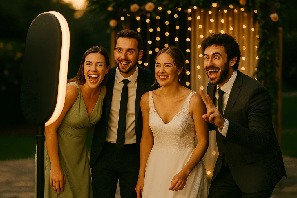 Invitados disfrutando del fotomatón para bodas en Galicia, posando y riendo en un ambiente festivo