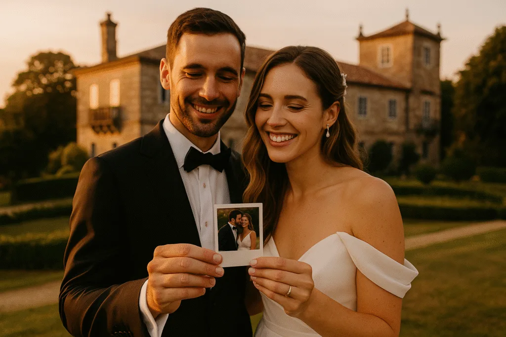 Pareja en un pazo gallego al atardecer observando su foto de fotomatón, reflejando la importancia del precio fotomatón bodas en Galicia en la elección de servicios para su celebración