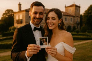 Pareja en un pazo gallego al atardecer observando su foto de fotomatón, reflejando la importancia del precio fotomatón bodas en Galicia en la elección de servicios para su celebración