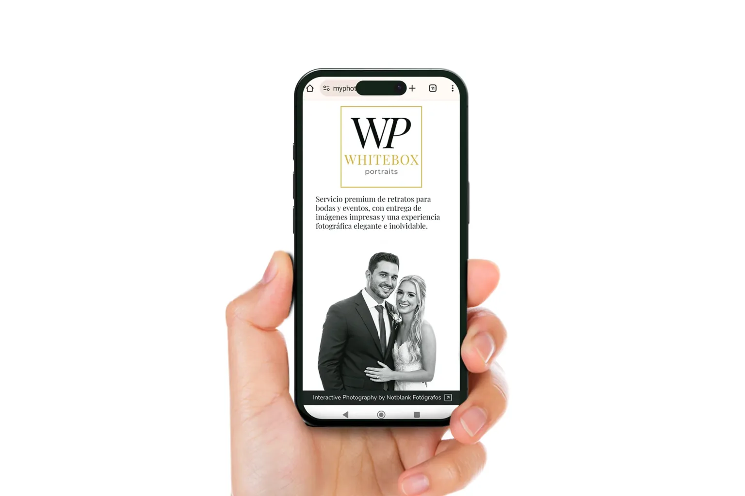Vista en móvil de la experiencia de fotografía personalizada para bodas de Whitebox Portraits