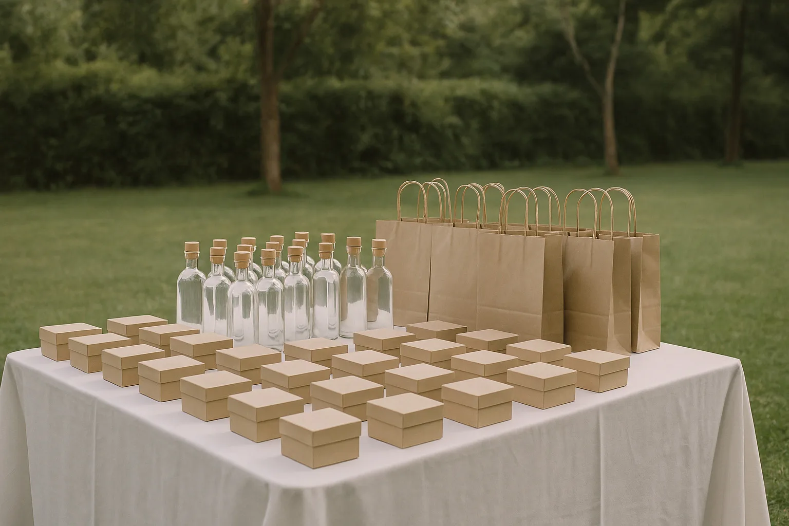 Mesa con detalles genéricos para invitados de boda, regalos iguales alineados sin personalización