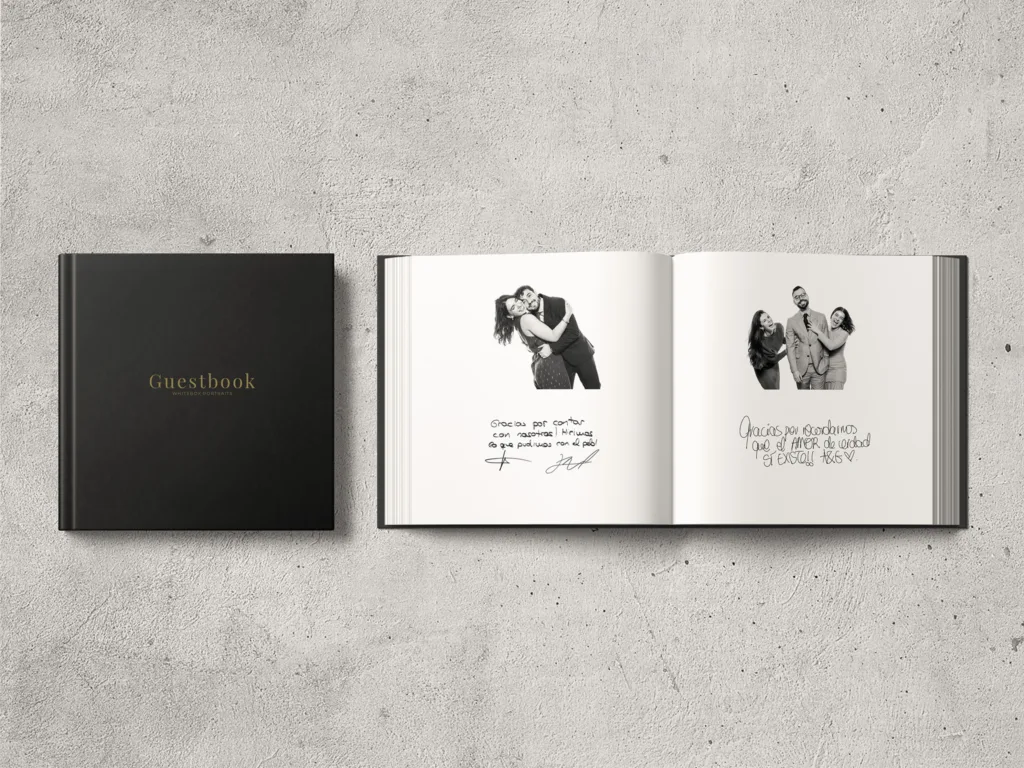 Guestbook de boda premium de Whitebox Portraits con retratos en blanco y negro y dedicatorias digitales personalizadas.